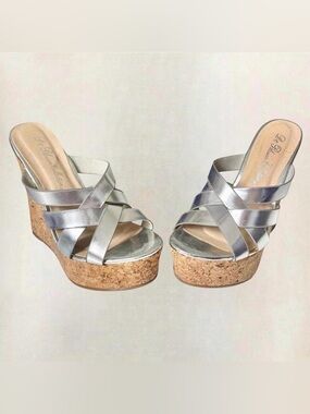 De Blossom Collection Silver Metallic Cork Wedge Sandals - used